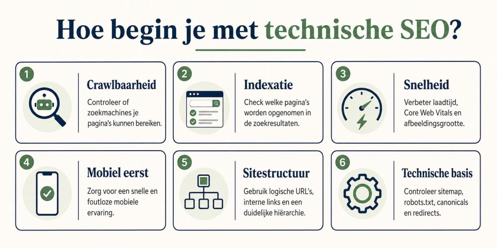 Hoe begin je met technische SEO? Infographic met stappenplan voor technische SEO optimalisatie van websites